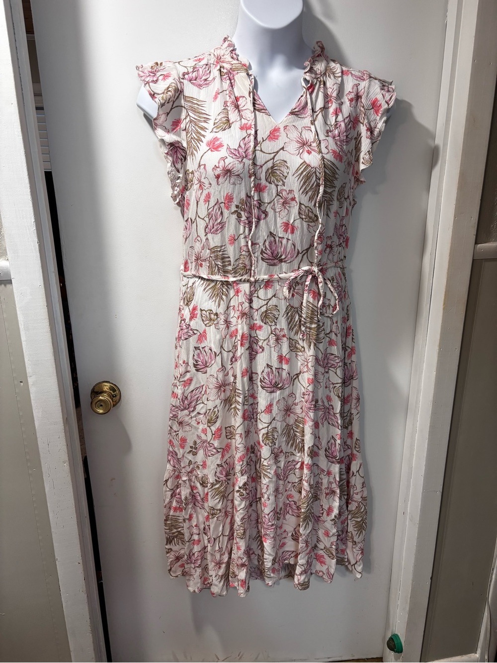 Time and Tru Cream Midi Dress with Pink Floral Print